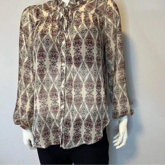 Hollister floral print sheer blouse with ruffles neckline and tie front small - Picture 4 of 6